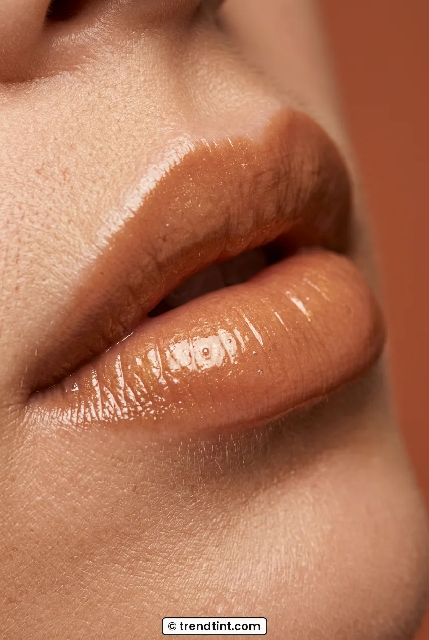 Three-quarter view of woman lips in warm caramel gloss with creamy shine