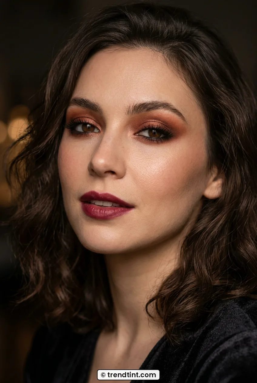 Woman with warm copper smoky eyes and berry lips in romantic lighting
