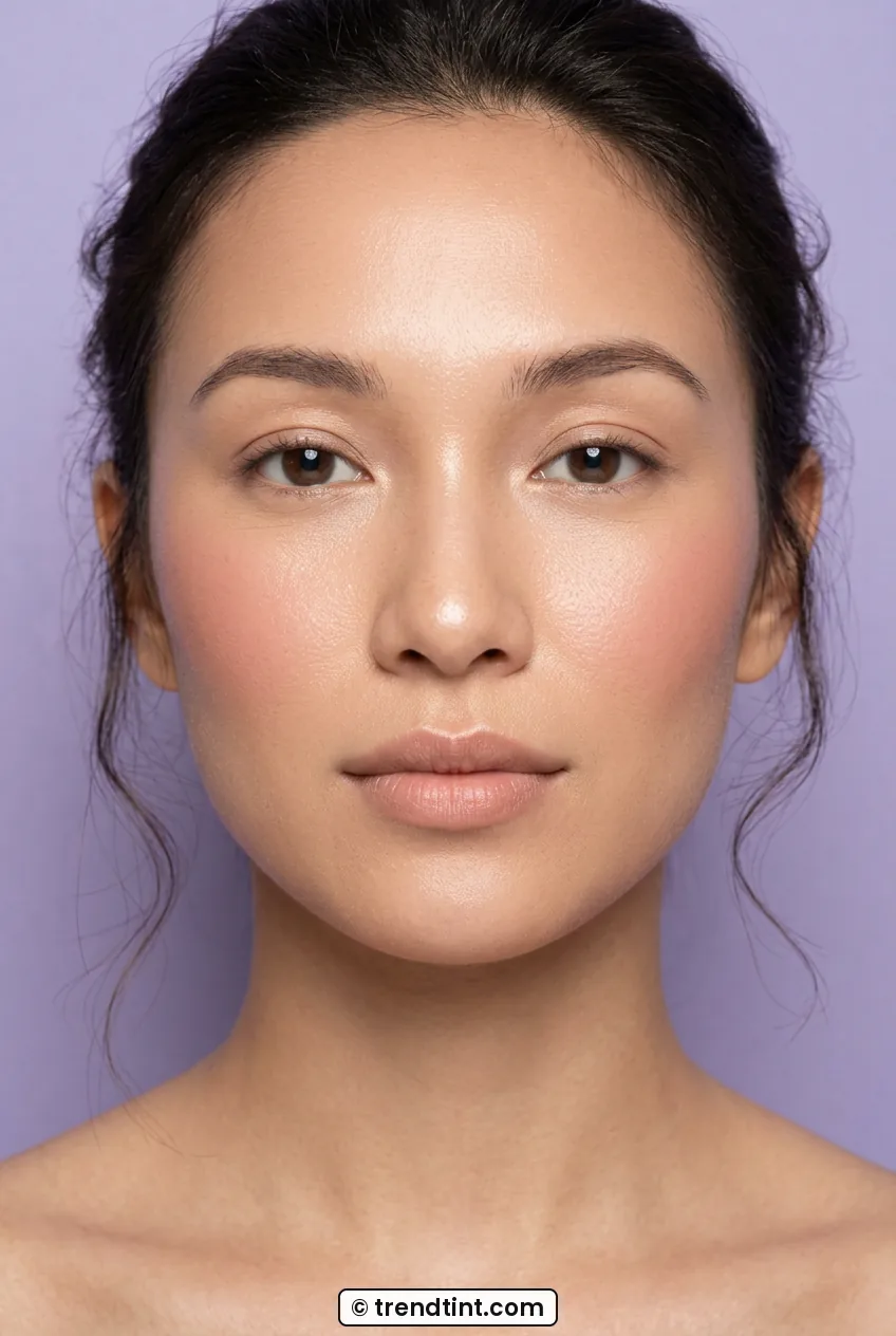 Woman wearing warm pink cream blush high on cheeks with dewy skin and nude lips