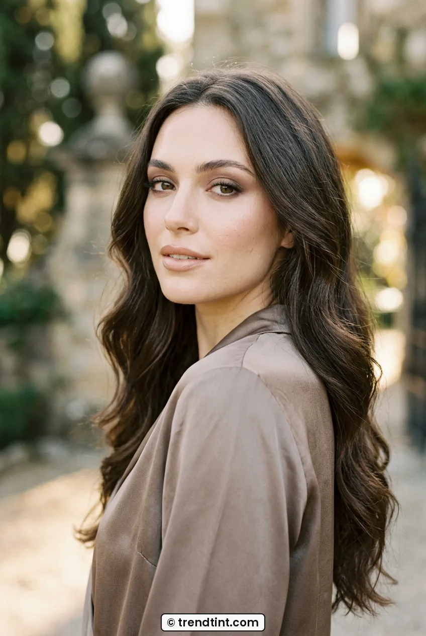 Woman with warm taupe smokey eye makeup glancing over shoulder with long hair