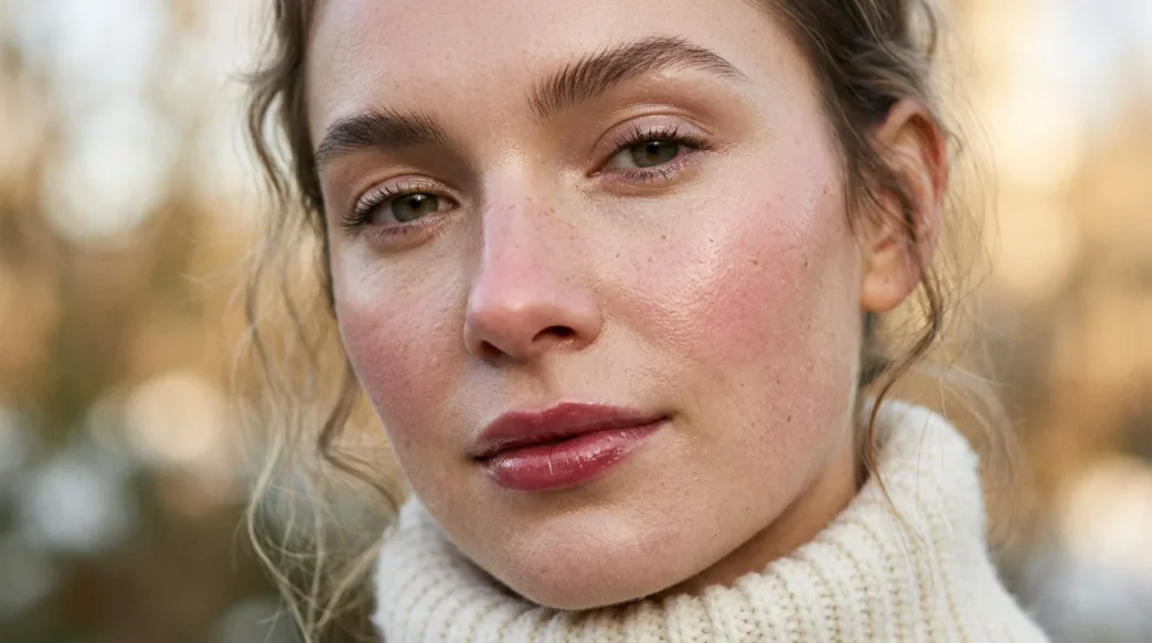Woman with dewy winter clean girl makeup and berry balm lips in soft light