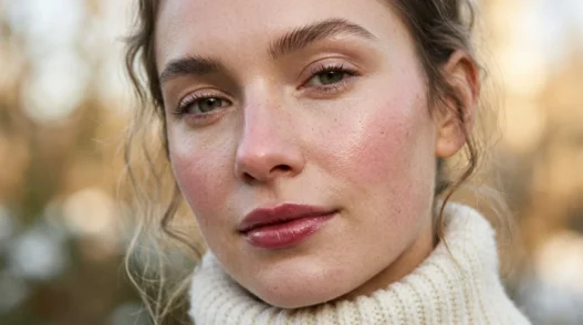 Woman with dewy winter clean girl makeup and berry balm lips in soft light