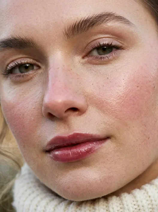 Woman with dewy winter clean girl makeup and berry balm lips in soft light
