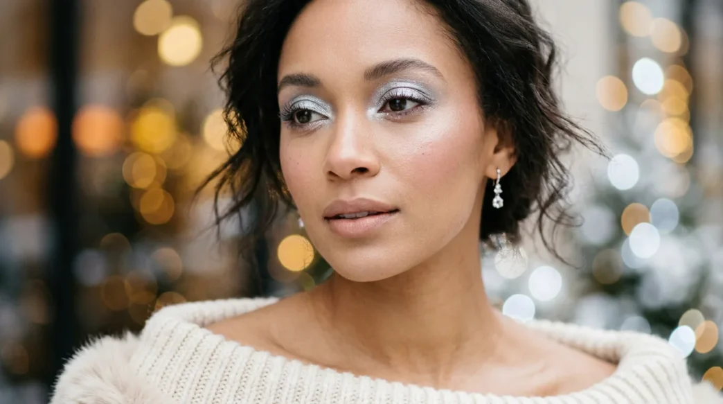 Woman with frosty silver eyeshadow and nude lips in soft warm light