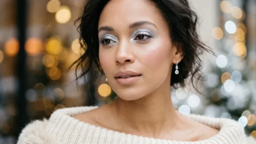 Woman with frosty silver eyeshadow and nude lips in soft warm light
